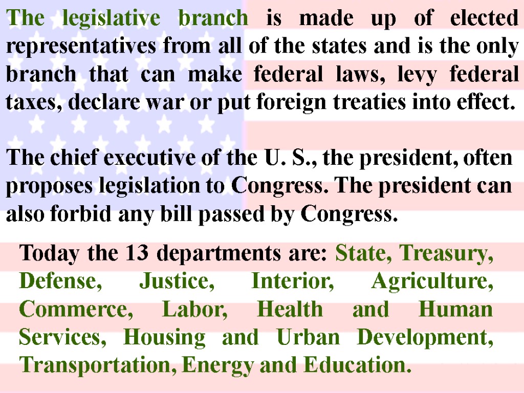 The legislative branch is made up of elected representatives from all of the states